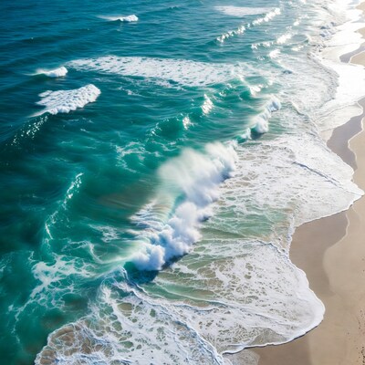 Aerial view of crashing ocean waves on beach