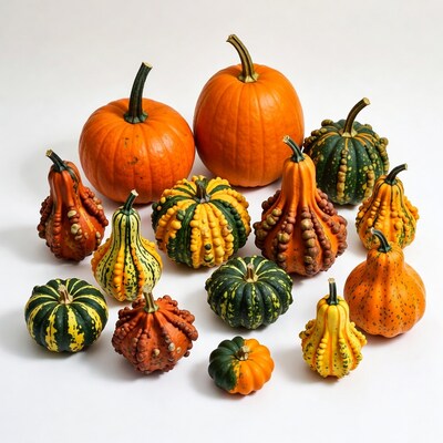 Variety of colorful pumpkins on white background