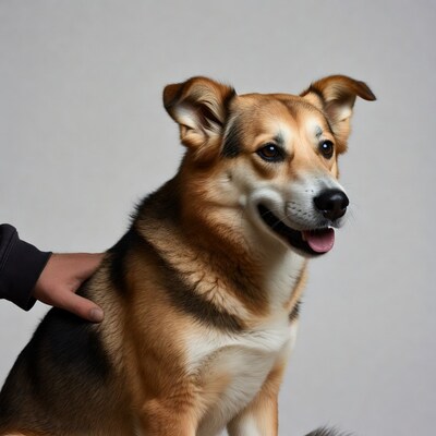 Hand petting smiling German Shepherd mix
