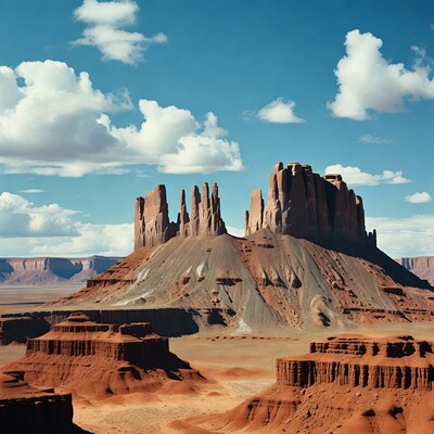 Monument Valley sandstone buttes under blue sky