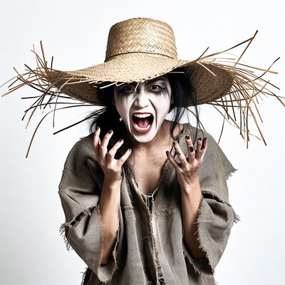 Asian woman in straw hat screaming