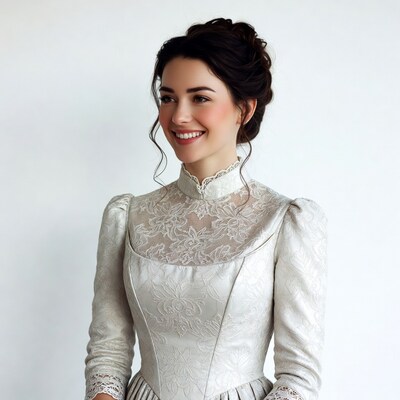 Woman in white Victorian lace dress