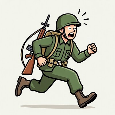Cartoon Soldier Running Scared with Rifle