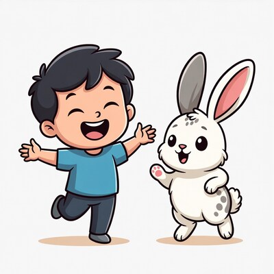 Happy Asian boy with bunny