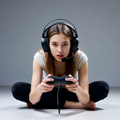 Girl gaming with headset and controller