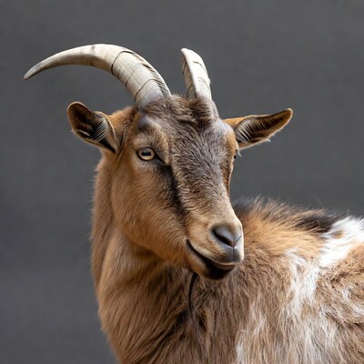 Closeup of brown goat with horns