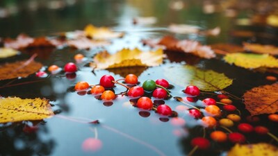 Red Berries on Autumn Leaves in Water