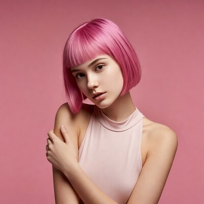 Woman with pink bob haircut