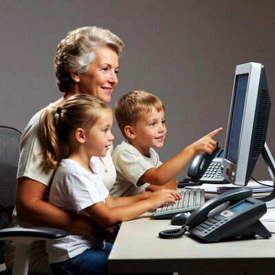 Grandmother and grandchildren using computer