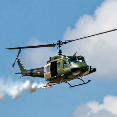 Huey helicopter flying with smoke trails