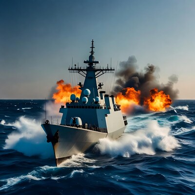 Destroyer firing missiles amid explosions
