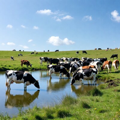 Herd of cows drinking at pond