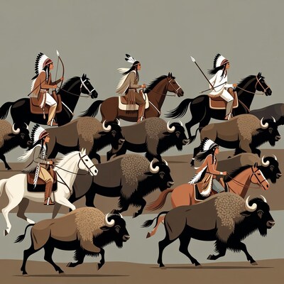 Native American warriors hunting buffalo