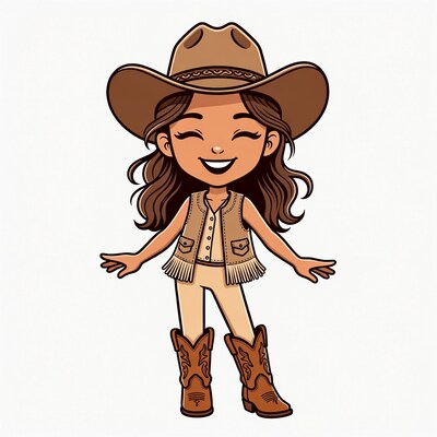 Smiling cartoon cowgirl with arms outstretched