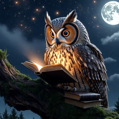 Owl reading book on tree branch