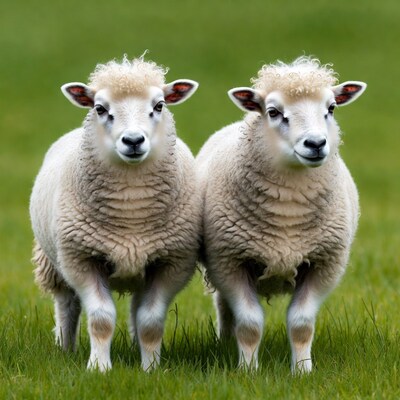 Two fluffy lambs on green grass
