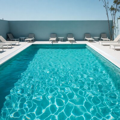 Empty turquoise pool with lounge chairs