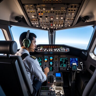 Asian pilot flying airplane cockpit