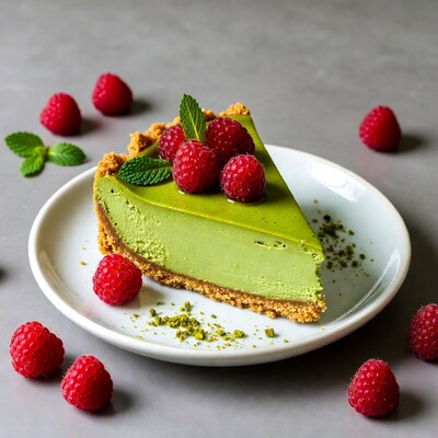 Matcha Cheesecake Slice with Raspberries