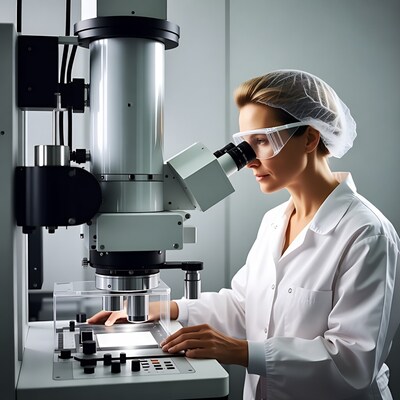 Woman using microscope in lab