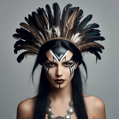 Woman in Native American feather headdress