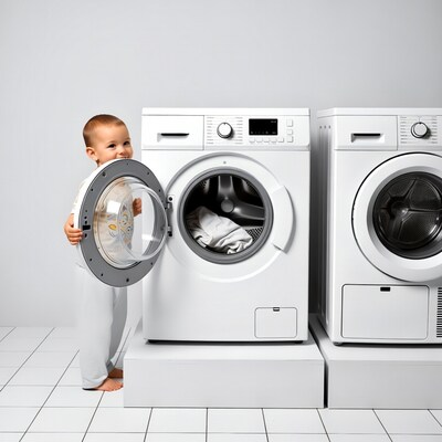 Baby opening washing machine door