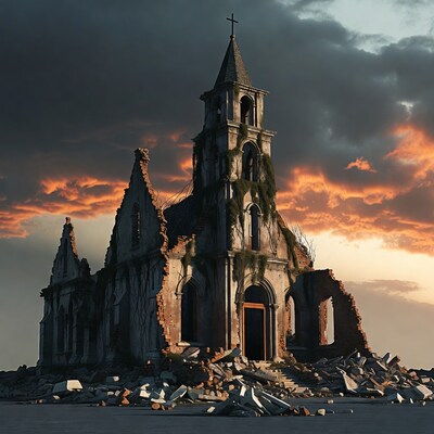 Ruined Church in Sunset Sky