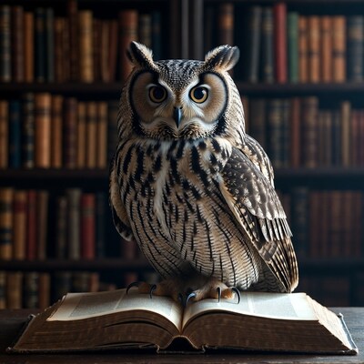 Owl perched on open book