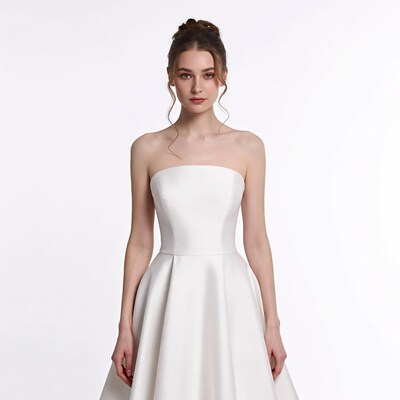 Woman in strapless white wedding dress