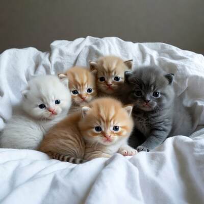 Kittens on white bed sheet