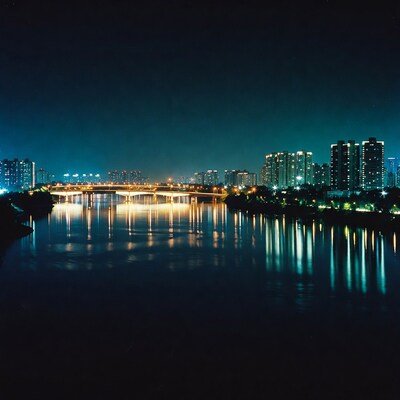 Night Bridge Over River City Skyline