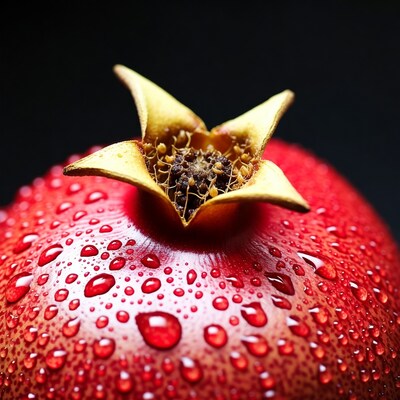 Closeup of dewy red pomegranate