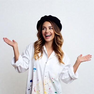 Woman in paint-splattered shirt with beret