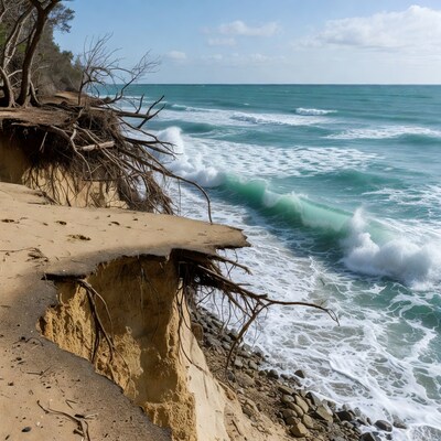 Eroding Cliff with Trees Over Ocean Waves