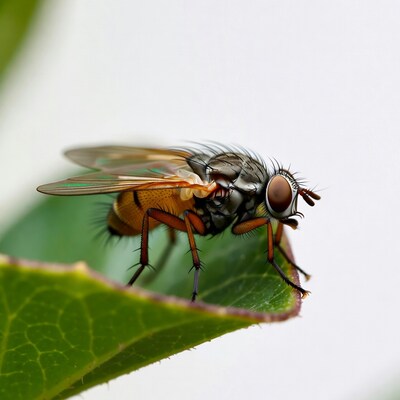 Fly perched on green leaf