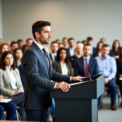 Man speaking at podium in conference