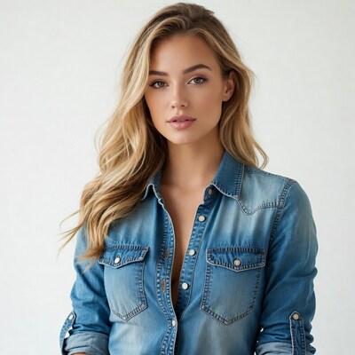 Blonde woman in open denim shirt