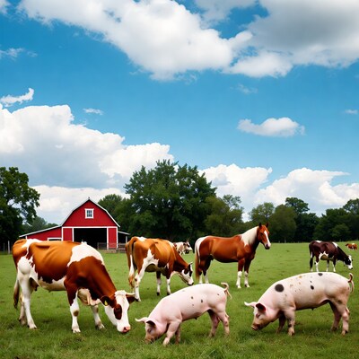 Cows Pigs Horses near Red Barn