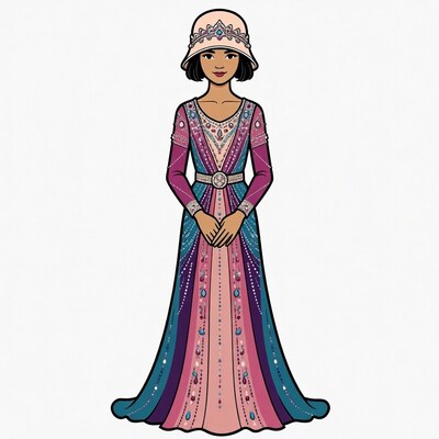 Asian woman in ornate 1920s gown