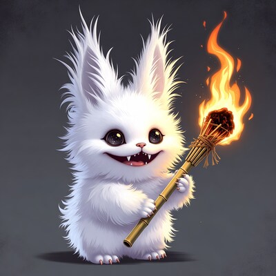 Cute white bunny holding torch