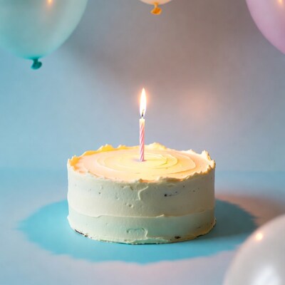 Birthday cake with candle and balloons