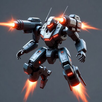 Mecha Robot Firing Missiles in Flight