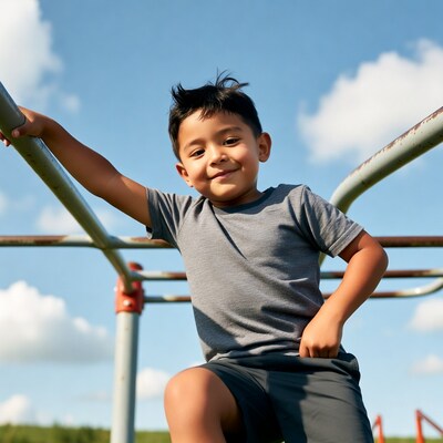 Asian boy climbing playground bars