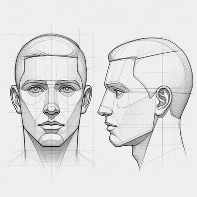 Male Head Front and Profile Sketch