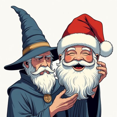 Wizard unmasking Santa Claus illustration