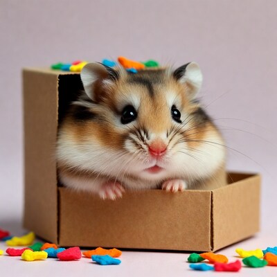 Cute hamster in cardboard box