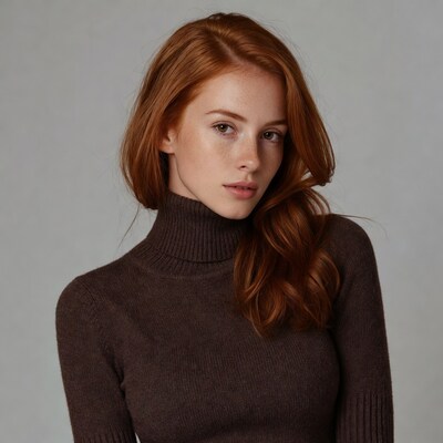Redhead woman in brown turtleneck sweater