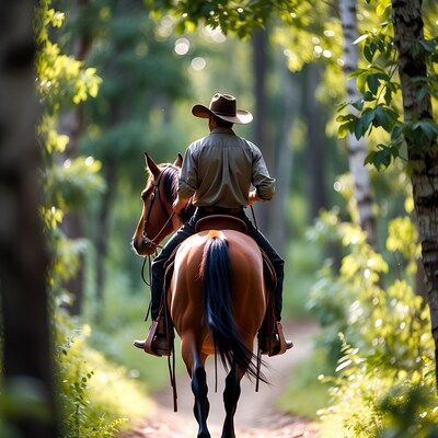 Cowboy riding horse in forest