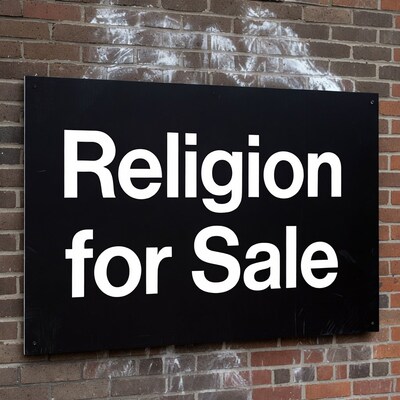 Religion for Sale Sign on Brick Wall