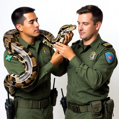 Two park rangers holding Burmese python